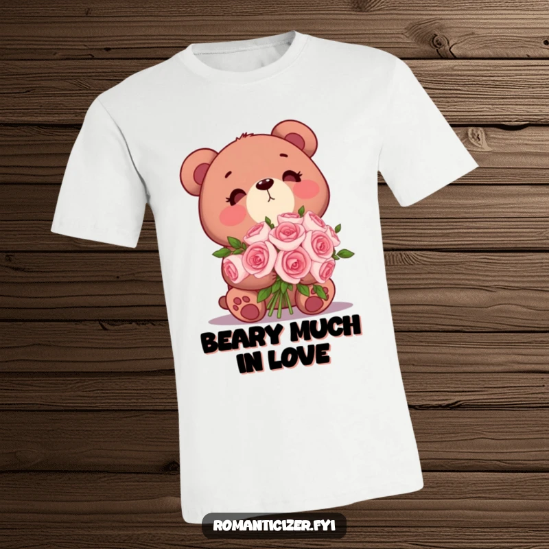 Funny Bear T-Shirt: A cute bear holds a bouquet of roses, looking dreamily upwards, radiating affection and sweet romance.