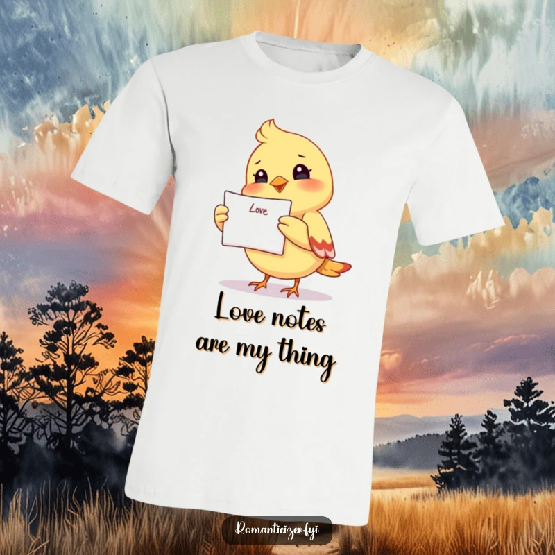 Funny T-shirt showcasing a joyful small bird holding a love letter overhead, spreading affection and smiles amusingly.