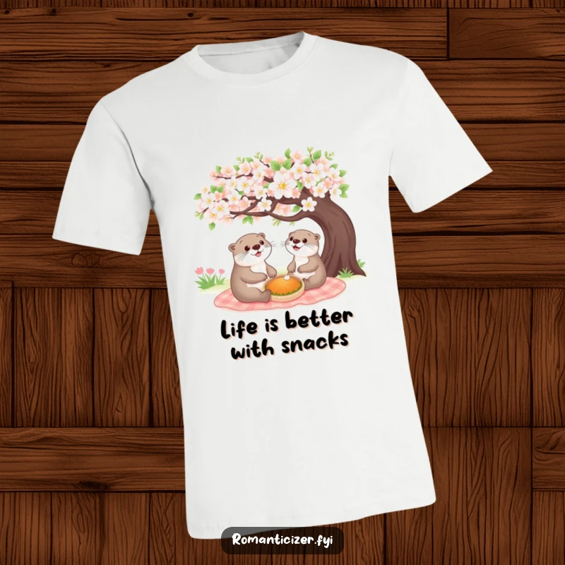 Funny cheerful otter t-shirt showing a happy animal having a picnic under a blooming tree, symbolizing friendship and good times.