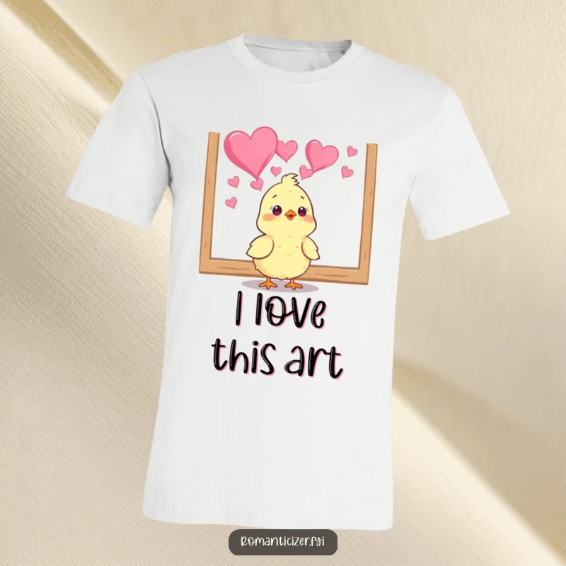 Funny chick t-shirt showing a small bird gazing lovingly at a painting of hearts, conveying a humorous appreciation for art.