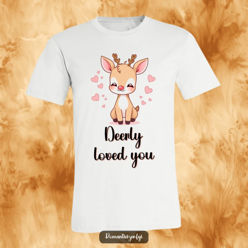 Funny deer t-shirt showing a gentle deer blowing a kiss with hearts, perfect for expressing love and affection.