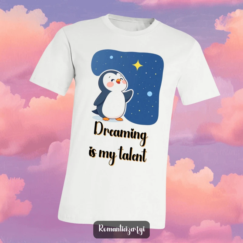 Funny delighted penguin t-shirt showing a happy bird looking up at a starry night sky, embodying dreams and cosmic awe.