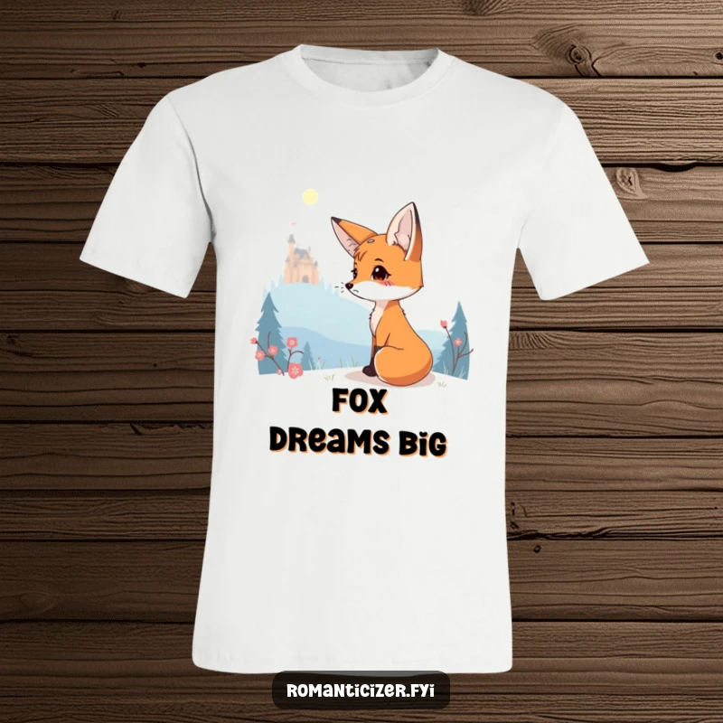 Funny t-shirt with a charming fox looking wistfully towards a beautiful, glowing distant castle.