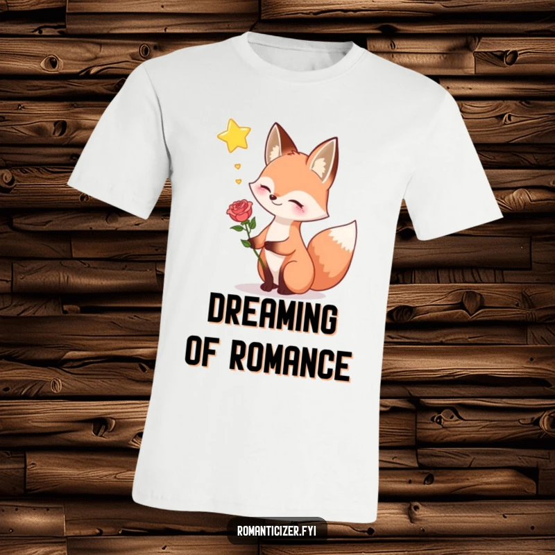 Funny fox t-shirt, illustrating a happy fox tenderly holding a rose and sighing dreamily while looking up at a shining star.