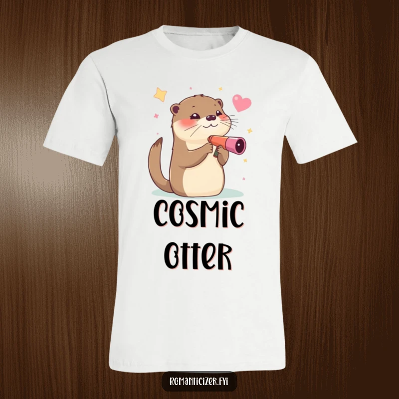 Funny T-Shirt, an otter winking while looking at stars through a heart-shaped telescope, embodying a comical celestial adventure.