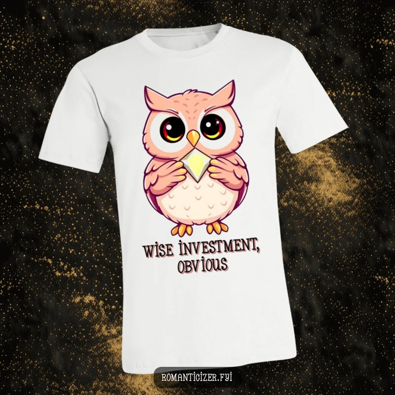 Funny t-shirt with a happy owl presenting a beautiful, perfectly crafted jewel with immense pride and a wise demeanor.