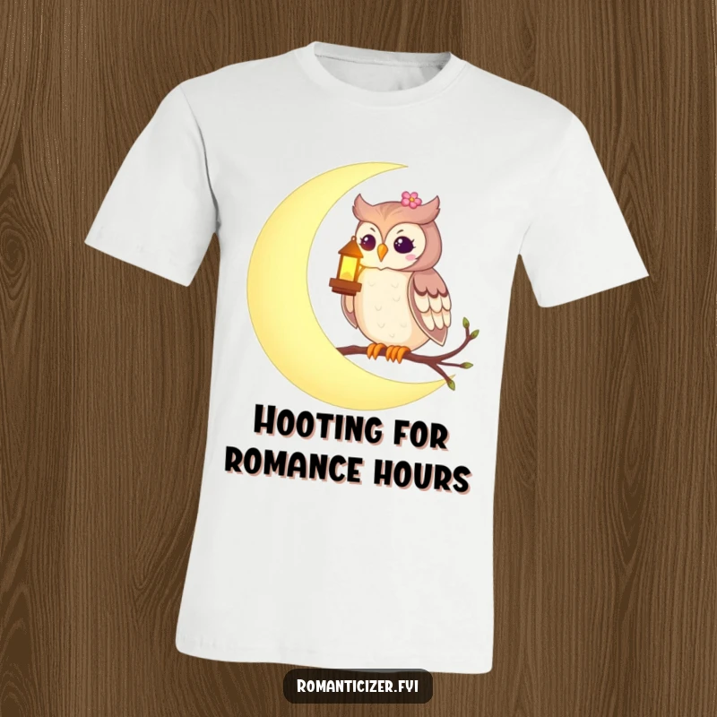 Funny t-shirt with a romantic owl on a crescent moon, holding a glowing lantern, creating an enchanting, whimsical night scene.