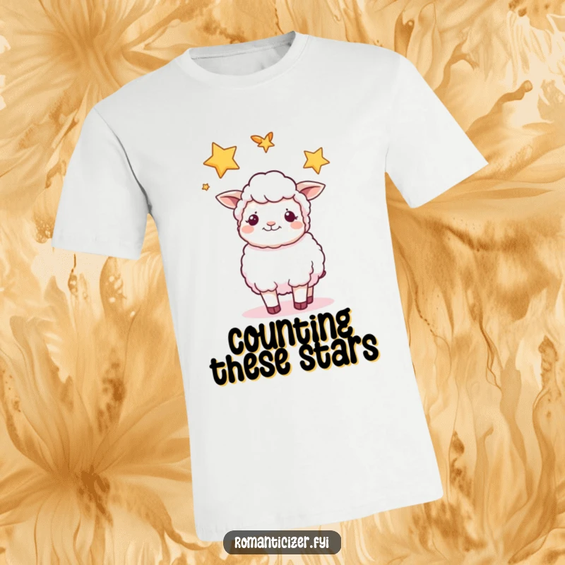 Funny sheep t-shirt depicting a content sheep gazing at two intertwined stars, evoking a sense of peace and wonder.