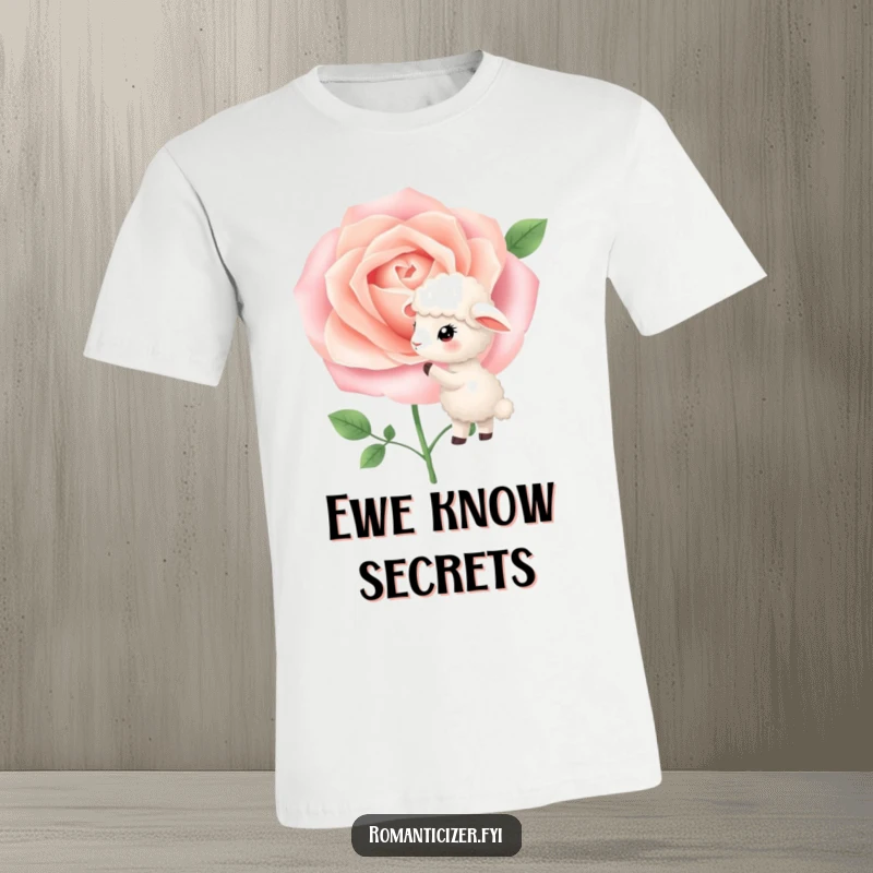 Funny T-Shirt featuring a small sheep softly whispering secrets into a vibrant, blooming rose, evoking a sense of tender connection.