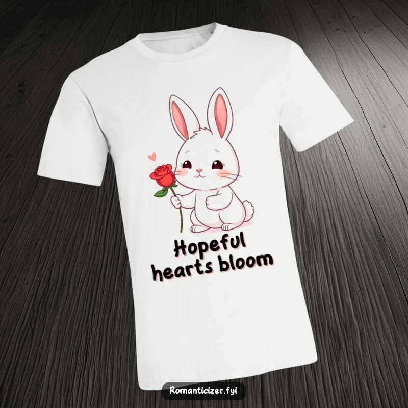 Funny Shy Rabbit Rose T-Shirt: A shy rabbit offers a red rose, blushing hopefully, for romantic gift.
