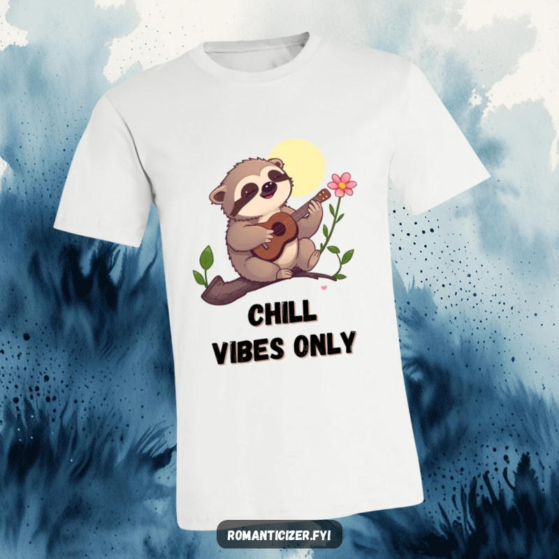 Funny T-Shirt, a sloth joyfully serenading a flower with a small guitar under the moon, capturing a serene yet funny moment.