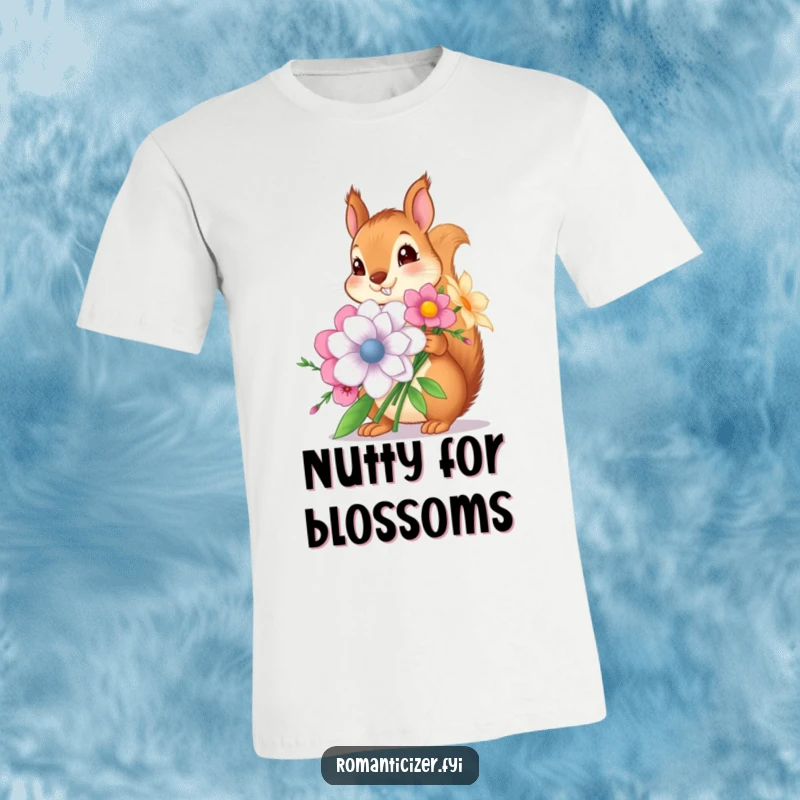 Funny t-shirt with a cartoon squirrel presenting a giant bouquet of flowers, symbolizing generosity and humor, great for gifting.