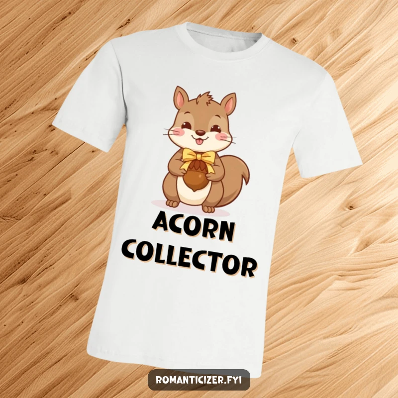 Funny squirrel t-shirt with a cheerful squirrel presenting a ribbon-adorned acorn, celebrating generosity and cute woodland creatures.