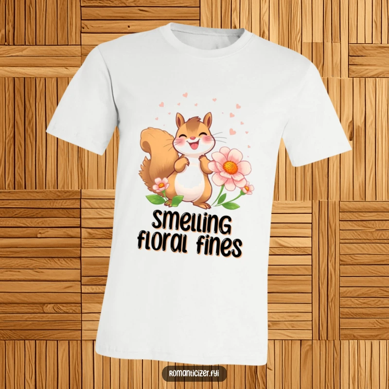 Funny Squirrel T-Shirt featuring a joyful squirrel showering a flower with perfume, celebrating nature's beauty.