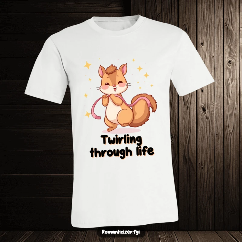 Funny t-shirt with a playful squirrel gracefully twirling with a ribbon amidst a dazzling display of sparkling stars.