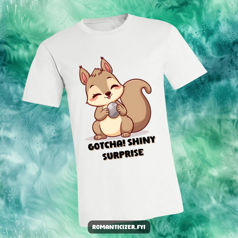 Funny t-shirt depicting a mischievous squirrel winking and presenting a shiny pebble, embodying playful gifting and quirky charm.