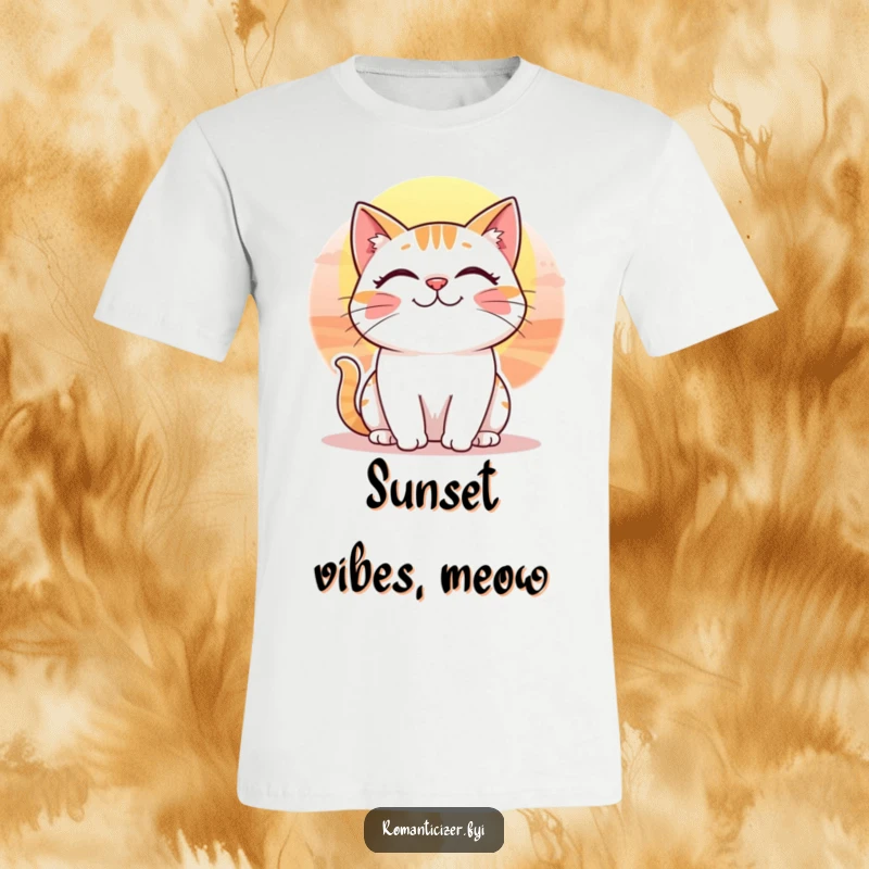 Funny cat t-shirt featuring a cheerful cat with a whimsical smile watching a beautiful sunset.