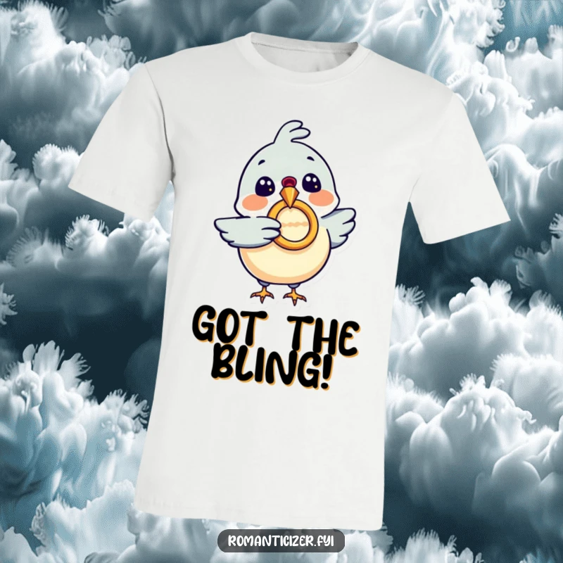 Funny t-shirt with a thrilled bird carrying a diamond ring in its beak, perfect for engagements or anniversaries, a funny gift.