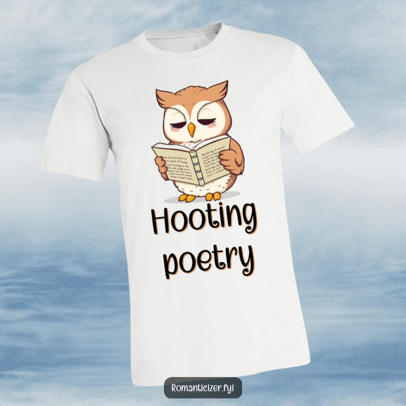 Funny owl t-shirt depicting a whimsical owl reading sonnets aloud, capturing a moment of humorous literary appreciation.