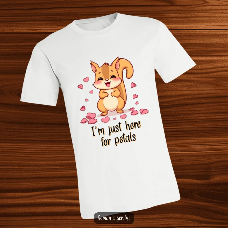 Funny t-shirt showcasing a happy squirrel scattering vibrant rose petals with pure delight, radiating cheerful energy.