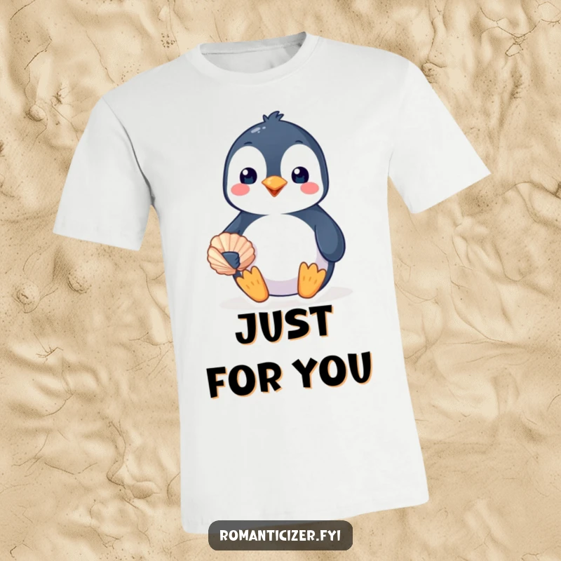 Funny penguin t-shirt showing a cheerful bird offering a seashell with a loving smile, expressing sweet, humorous affection.