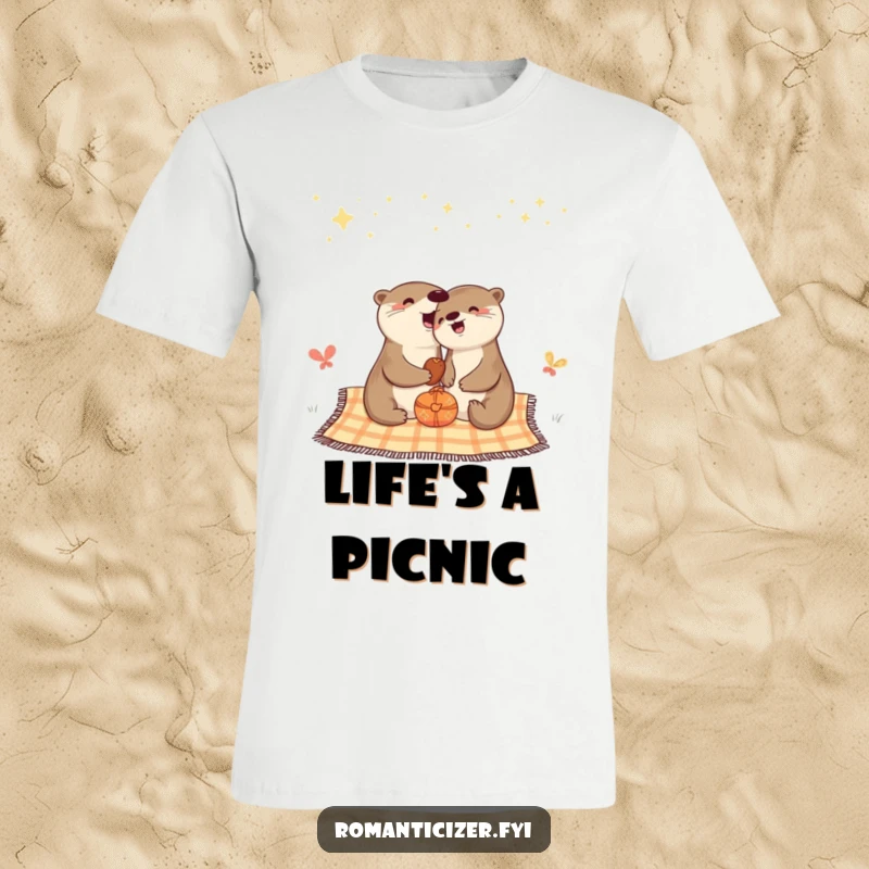 Funny t-shirt with a cheerful otter having a picnic under a vast, starry night sky.