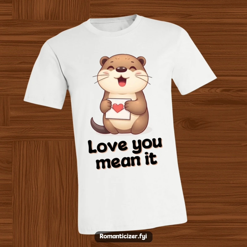 Funny Otter T-Shirt featuring a happy otter holding a small love letter close to its heart with utter delight.
