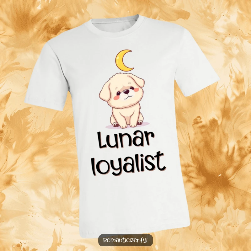 Funny dog moon t-shirt featuring a fluffy dog gazing adoringly at a crescent moon. Comfortable and humorous apparel.