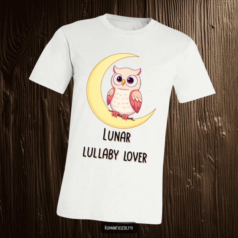 Funny t-shirt with a romantic owl perched on a crescent moon amidst stars, depicting whimsical celestial love and night magic.