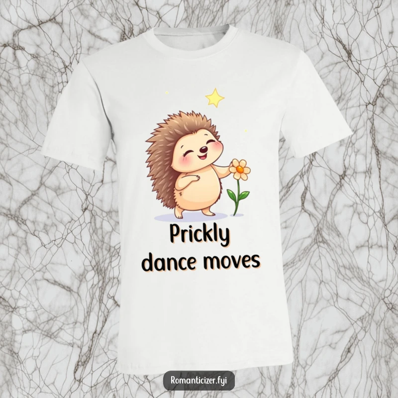 Funny hedgehog t-shirt depicting a happy hedgehog dancing under starlight with a flower, radiating pure, unadulterated joy.