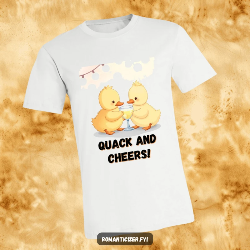 Funny duckling wearing a t-shirt, sharing a small sparkling drink under soft lights, looking cheerful and ready to party.