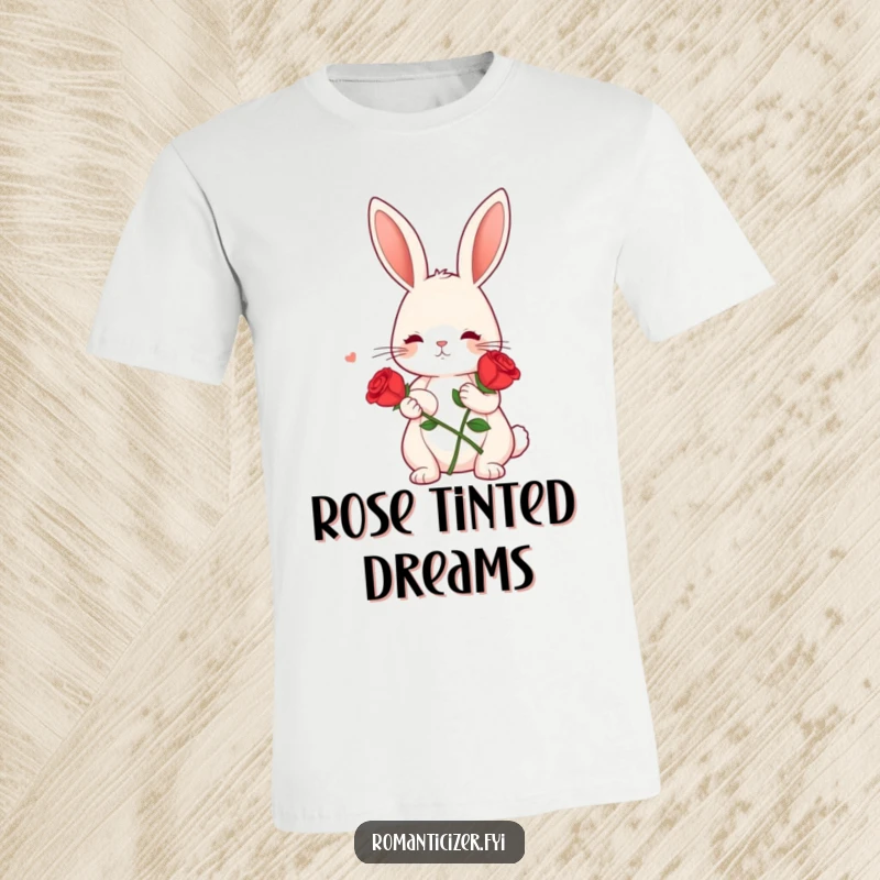Funny t-shirt showing a cute bunny holding a single red rose, with a dreamy expression, perfect for romantic humor.