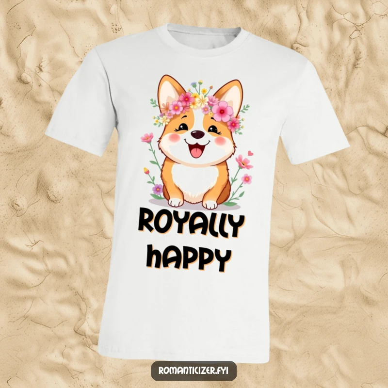 Funny T-Shirt of a happy corgi with a big smile, wearing a beautiful crown made of assorted wildflowers, exuding pure delight.