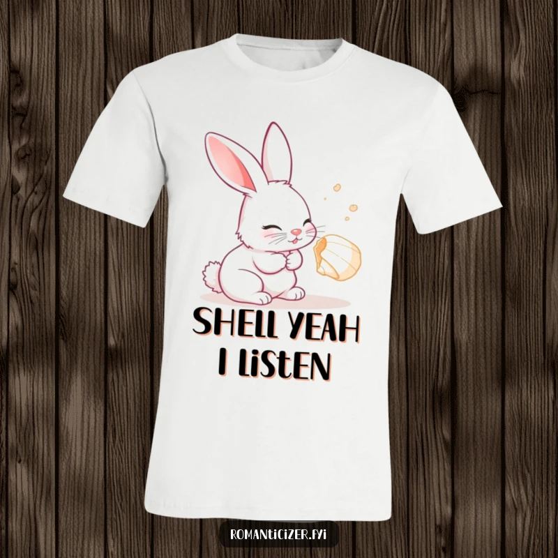 Funny Rabbit T-Shirt featuring a curious rabbit listening intently and with delight to a seashell's whisper.