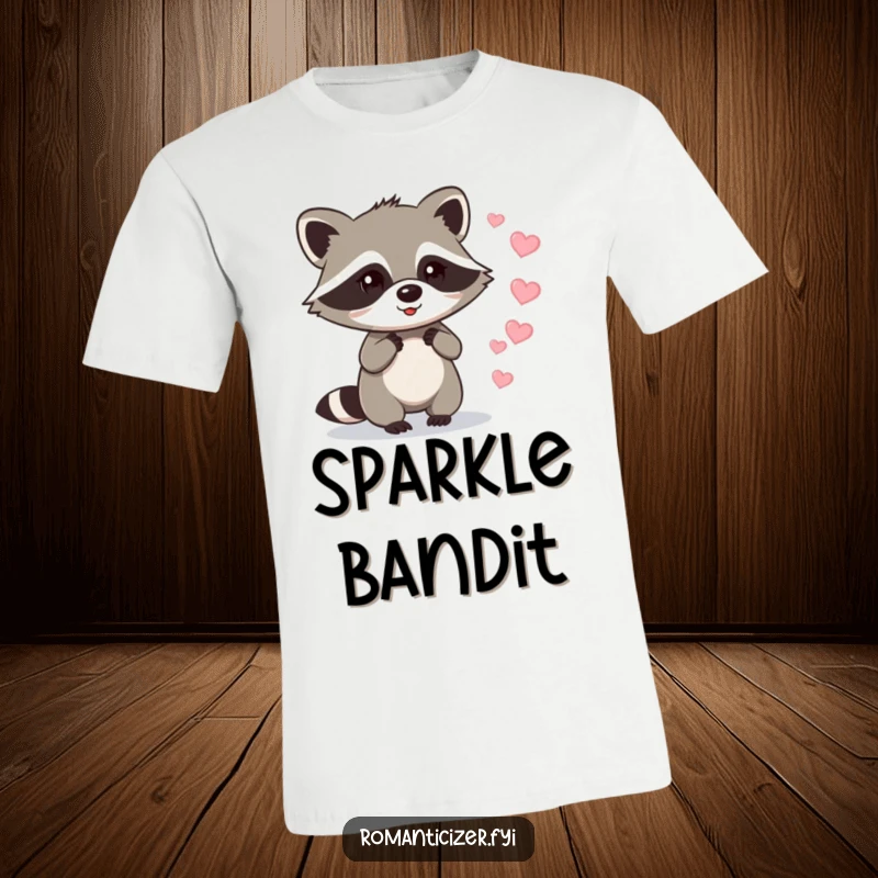 Funny raccoon t-shirt featuring a mischievous raccoon dropping sparkling hearts, conveying a funny message of playful affection.