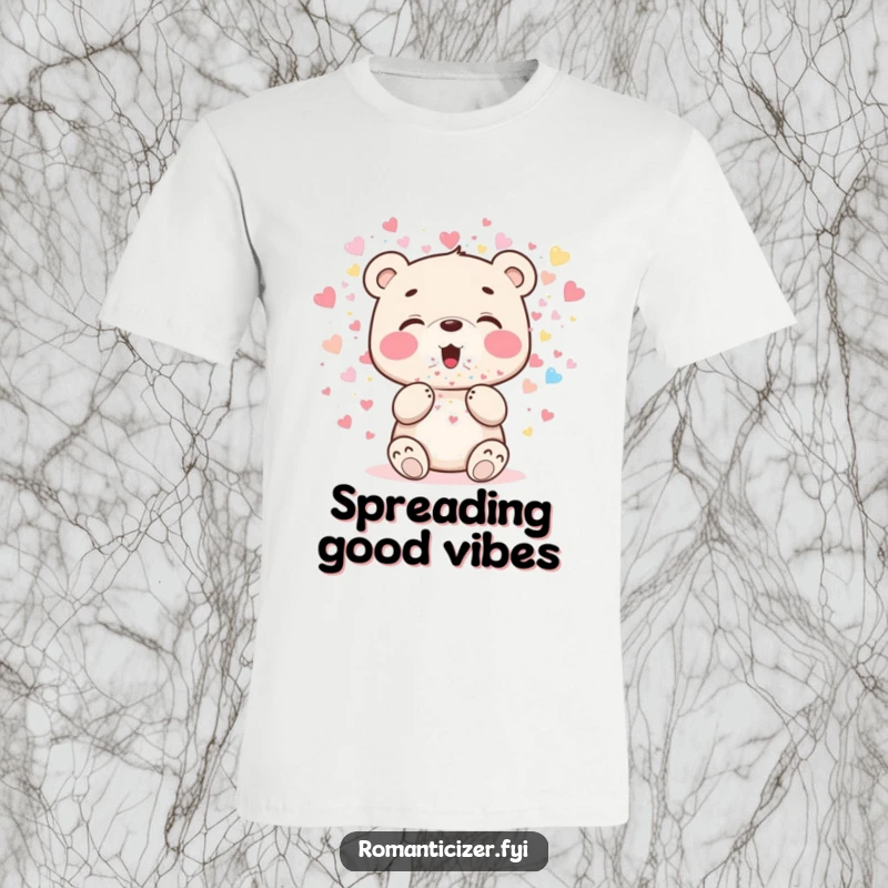 Funny bear cub t-shirt showing a happy cub blowing a cascade of glittering heart confetti, embodying pure celebration.