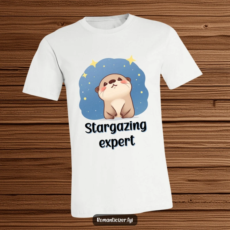 Funny otter t-shirt showing a giggling animal looking up in wonder at a starry night sky, capturing pure awe. Humorous.