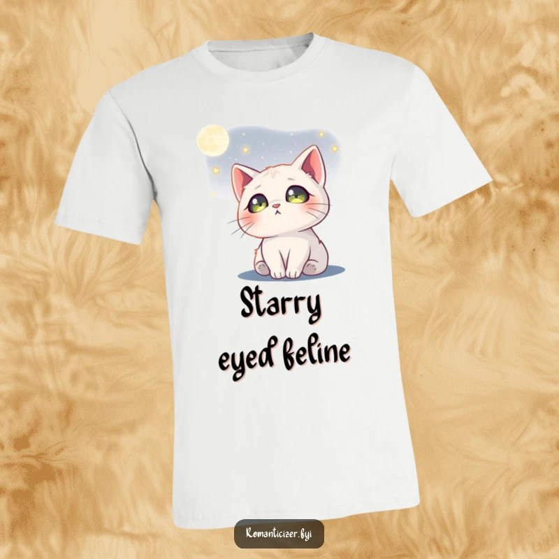 Funny cat t-shirt showing a dreamy cat looking at the moon, with stars in its eyes, perfect for stargazers.