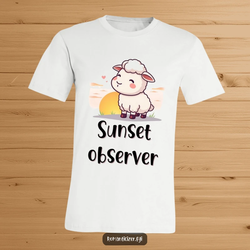 Funny sheep t-shirt featuring a contented sheep watching a beautiful sunset, conveying a funny sense of peace.