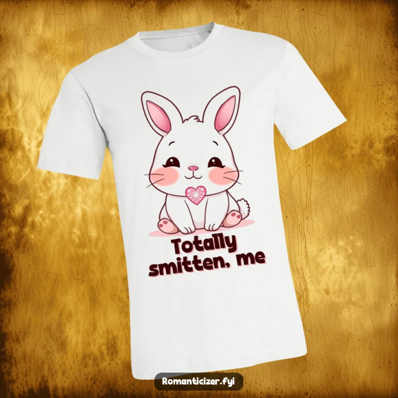 Funny blushing bunny t-shirt, illustrating a sweet bunny gazing affectionately at a small, sparkling heart icon with a shy, rosy blush.
