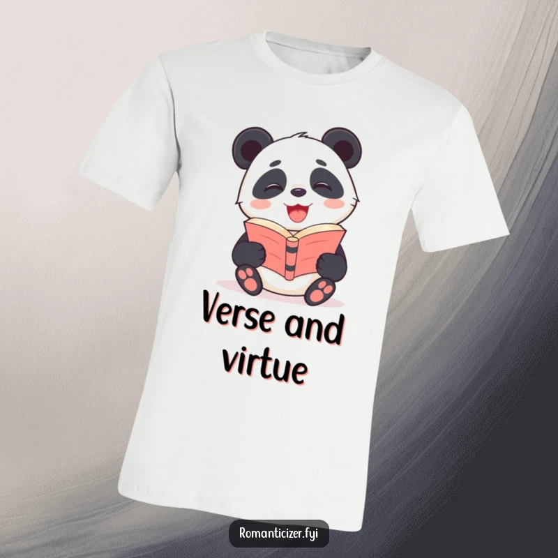 Funny Panda T-Shirt featuring a giggling panda with a bright smile, happily reading a poetry book, celebrating literature.