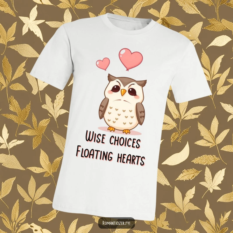 Funny t-shirt showcasing a calm owl with a happy face, observing two pink hearts ascending gracefully against a plain background.