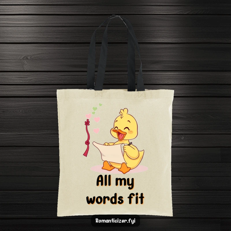 Funny tote bag with a delighted duckling writing a love poem on a scroll, ideal for carrying items with romantic humor.