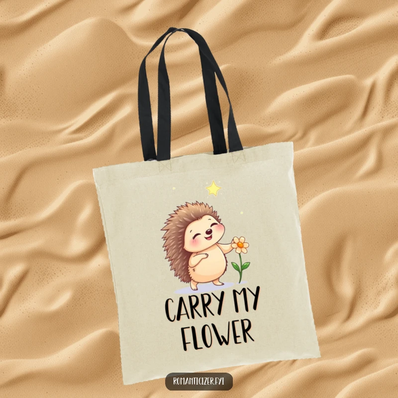 Funny hedgehog tote bag showing a happy hedgehog dancing under starlight with a flower, perfect for carrying treasures.