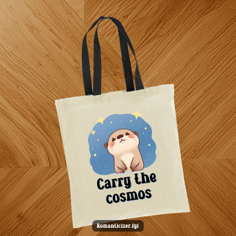 Funny otter tote bag depicting a giggling animal looking at a starry night sky, perfect for carrying items with wonder. Cute gift.