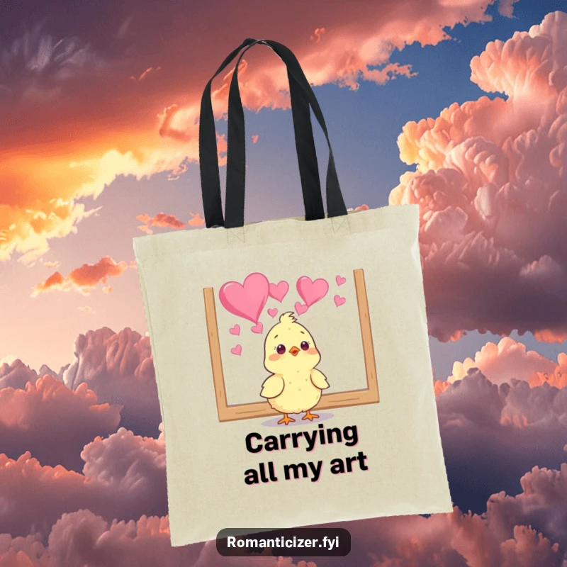 Funny chick tote bag depicting a bird mesmerized by heart art, ideal for carrying all your necessities humorously. A cute gift.