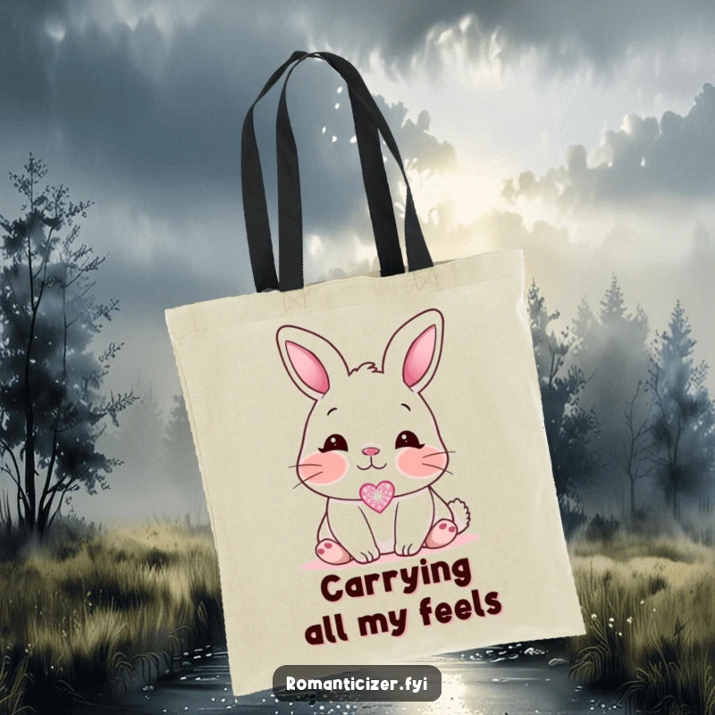 Funny blushing bunny tote bag, depicting a sweet bunny looking affectionately at a small, sparkling heart icon with bashful charm.