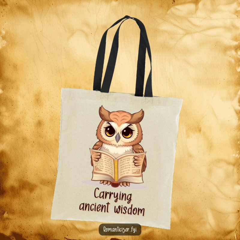 Funny owl tote bag illustrating a wise owl reading poetry from an ancient book, a charming and funny accessory.