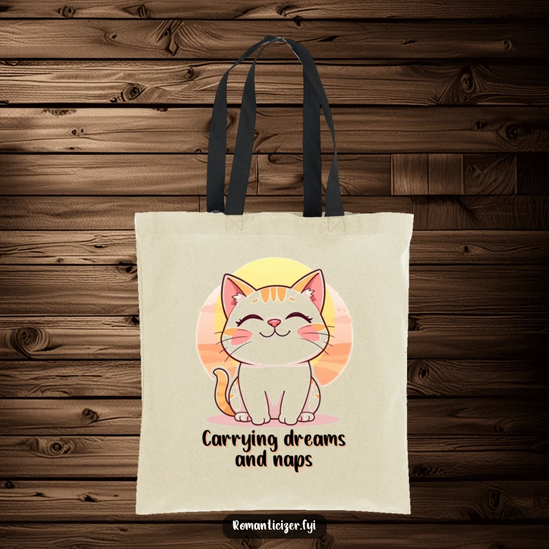 Funny tote bag depicting a happy cat with a whimsical smile enjoying a beautiful sunset view.
