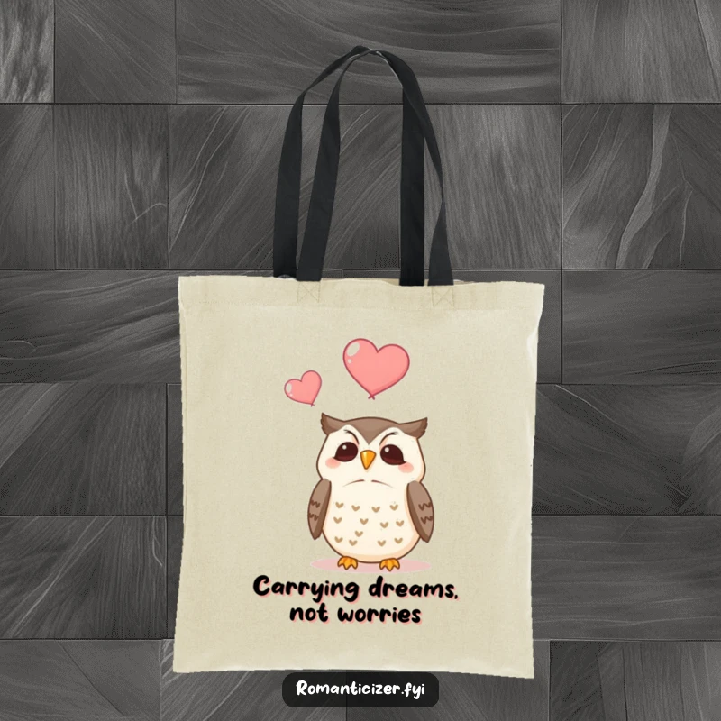 Funny tote bag depicting a smiling owl with wide eyes, watching two stylized hearts drift upwards in a serene scene.